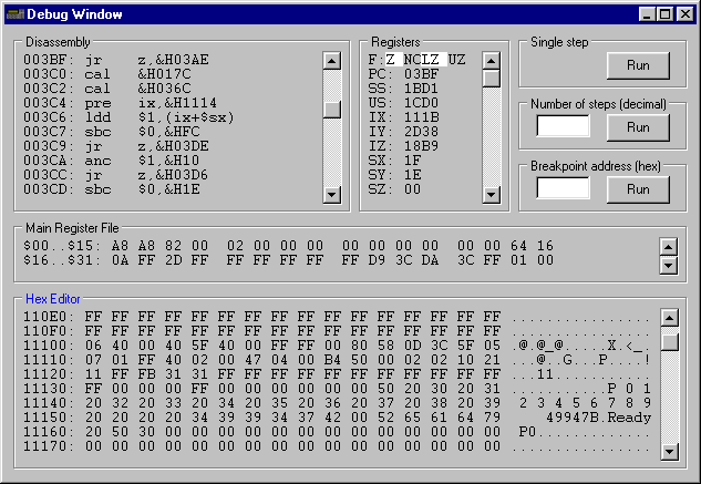 Okno debugera emulatora FX-870P